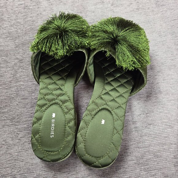 Birdies The Songbird Pom Pom Mules Size 9.5 Green Velvet Shoes Slides Festive - Picture 4 of 7